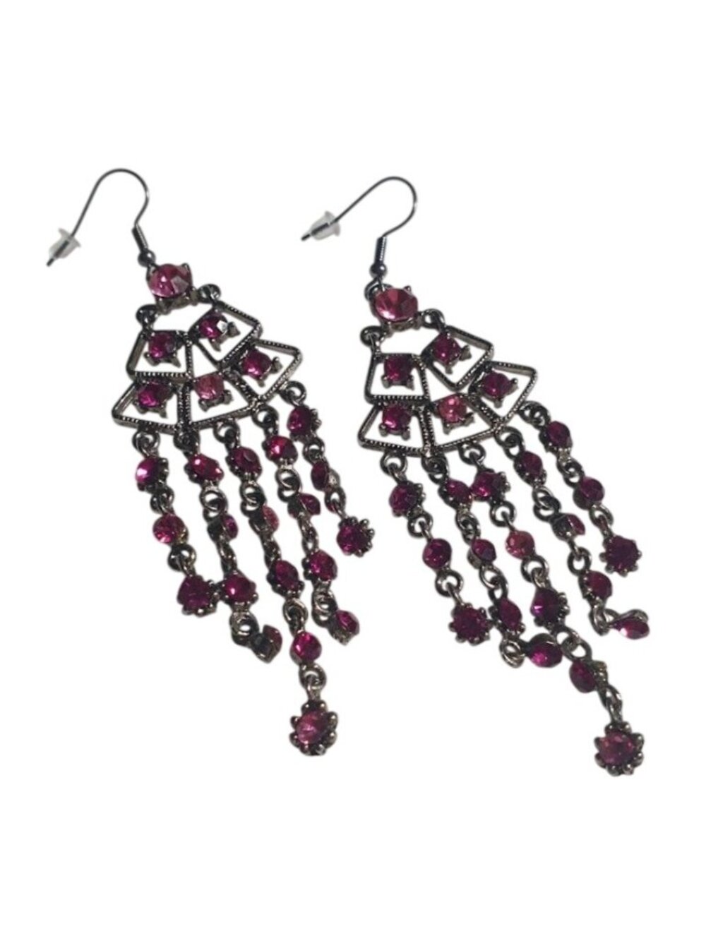 Chandelier Earrings Purple Rhinestones 4 Inch Silver Tone Dangle Drop Jewelry